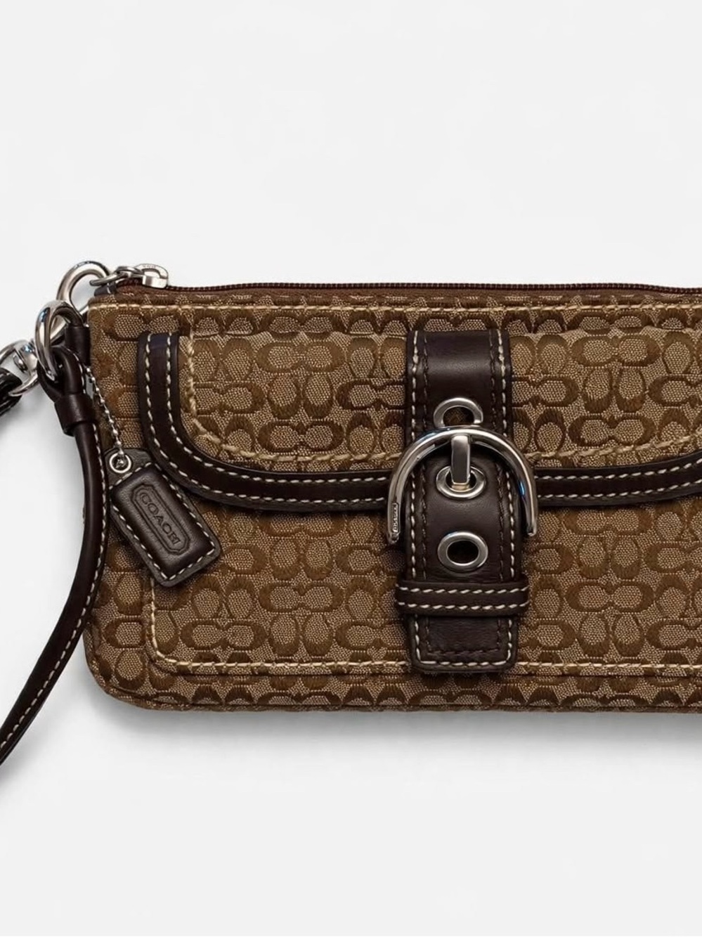 Coach Vintage Y2K Signature Buckle Wristlet Khaki Brown Leather 7.5x4.5